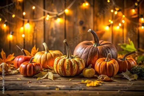 Fototapeta Rustic Thanksgiving Background: Pumpkins on Old Wood with Copy Space