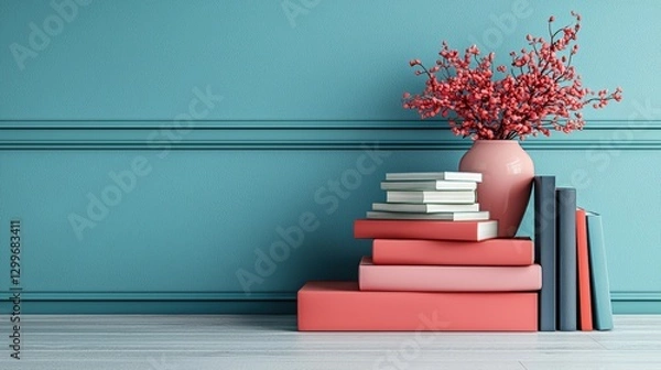 Fototapeta Elegant vase of flowers positioned on a stack of books creating a charming decorative element in a living space