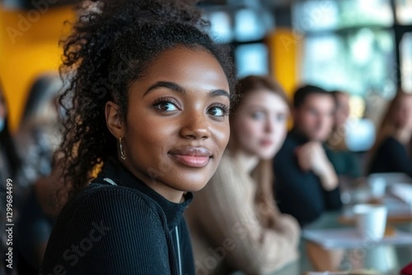 Fototapeta Young woman smiling in modern workspace during group discussion