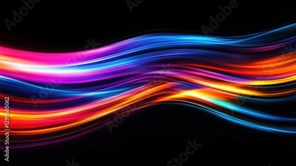 Fototapeta An abstract digital art piece of smooth, flowing light trails in a spectrum of rainbow colors against a black background. 