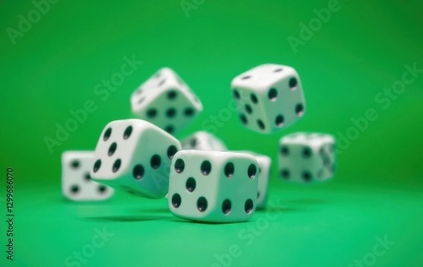 Fototapeta Dynamic Falling Dice on Vibrant Green Background for Gaming and Luck Themes