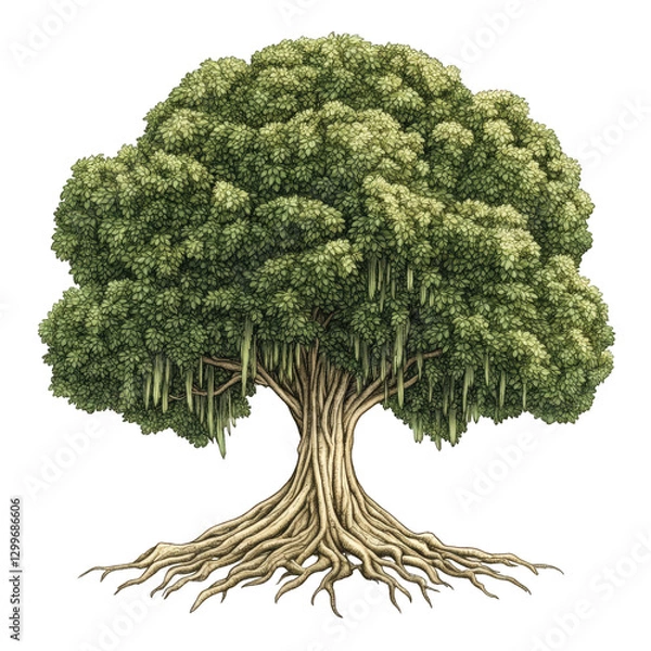Fototapeta A creative banyan tree digital illustration, unique yet recognizable, showcasing elegant roots and full leafy canopy, transparent background, PNG