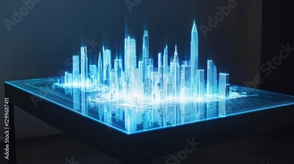 Fototapeta Futuristic Cityscape Hologram Projection on Tabletop Glowing Blue Abstract Urban Planning Concept