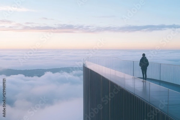 Obraz Lone Figure Standing on a Bridge Stretching into Cloudy Horizon