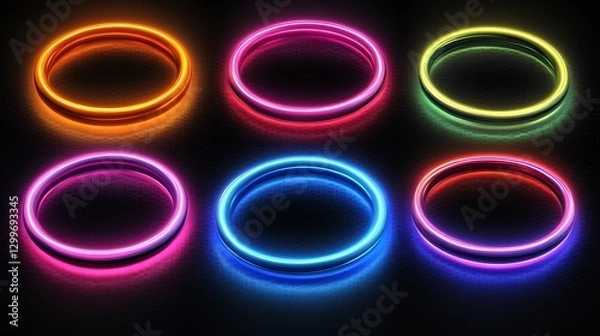 Fototapeta Neon glowing rings on a black background, for design