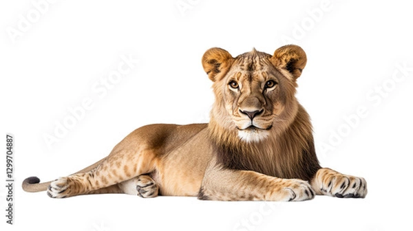 Fototapeta Full-body lion portrait, lying down, isolated on transparent background, representing strength, power, and the majestic wildlife predator from the African jungle.