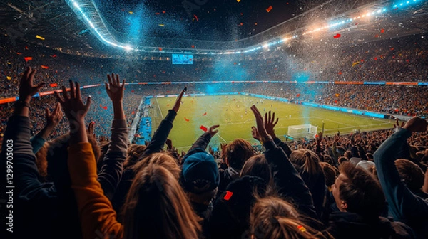 Fototapeta A thrilling night scene at a football stadium filled with fans cheering under bright lights and a dynamic atmosphere.