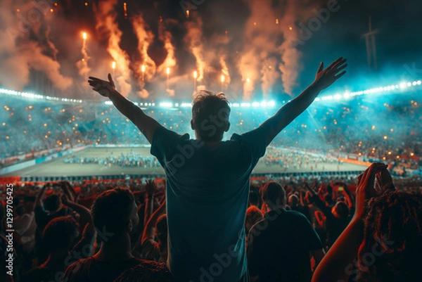 Fototapeta A thrilling night scene at a football stadium filled with fans cheering under bright lights and a dynamic atmosphere.