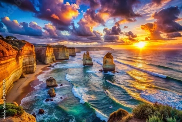 Fototapeta Stunning Sunset Seascape with Dramatic Rock Formations and Bokeh Effect
