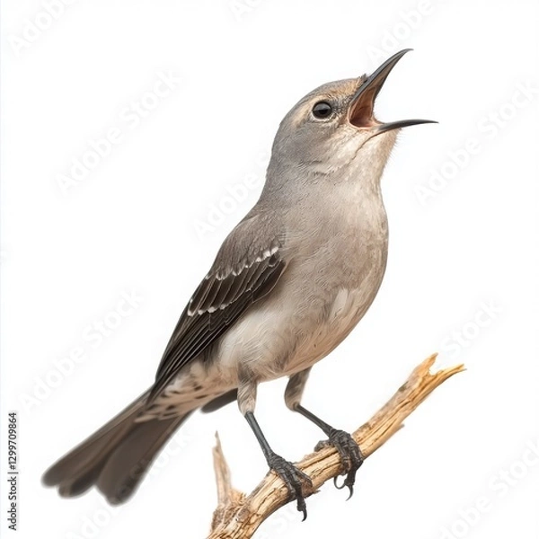 Fototapeta Gray bird singing on a dried branch with open beak in soft light