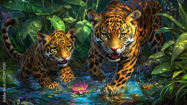 Fototapeta Mother Jaguar and Cub Playing in Lush Rainforest Pond