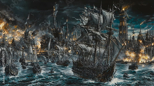 Fototapeta Nighttime Naval Battle Scene with Burning City and Tall Ships