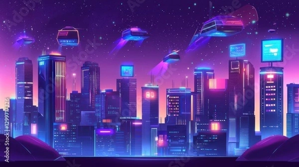 Fototapeta Futuristic city skyline with flying vehicles at night.
