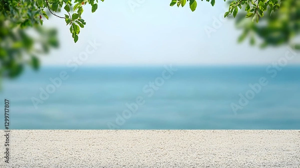 Fototapeta Ocean View with Green Leaves and White Stone Tabletop