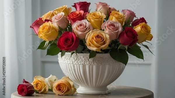 Fototapeta A beautiful and colorful bouquet of roses, elegantly arranged in a white vase. The roses come in a variety of colors, including red, yellow, pink, and white.
