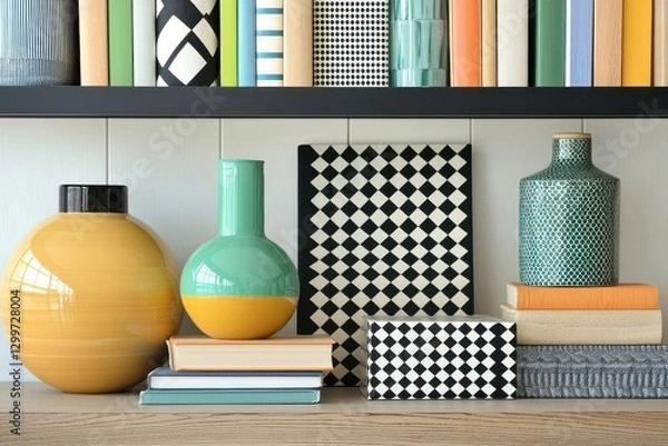 Fototapeta Chic Collection Of Decorative Vases And Books, Elegant Display, Modern Aesthetic Creating Calm Ambiance In Home Office