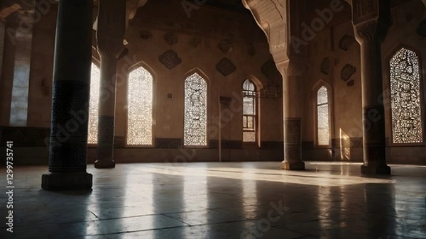 Obraz Islamic wallpaper, inside a very old humble Mosque, muslim people doing prayer, a scene of  greatness, Ramadan the holy month, warm ambience, blessing