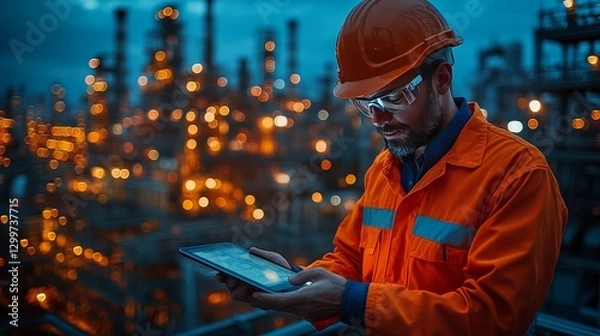 Obraz Focused engineer using tablet at illuminated refinery at night.