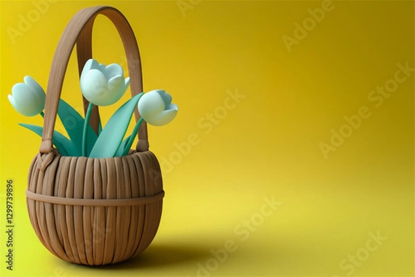 Fototapeta Three white tulips with green leaves in a wooden basket on a yellow background. Generative AI.