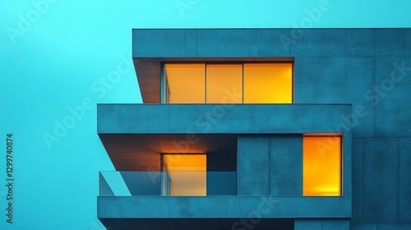 Obraz Modern concrete apartment building with illuminated windows at dusk.