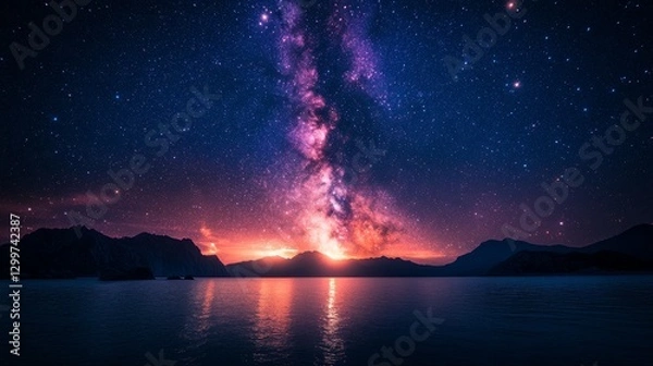Obraz Vibrant Milky Way galaxy rising over a serene lake at sunset, mountains in the background.