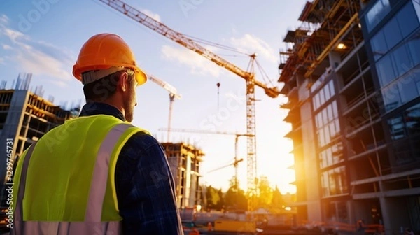 Fototapeta Construction Worker Overseeing Urban Development Project at Sunset with Cranes in Background and Modern Buildings Under Construction
