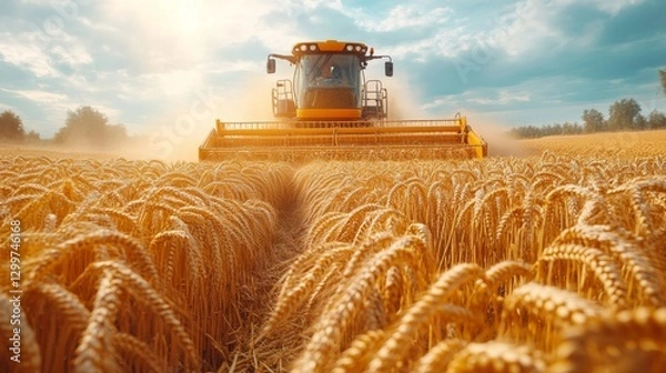 Obraz Combine harvester harvesting ripe golden wheat field at sunset.
