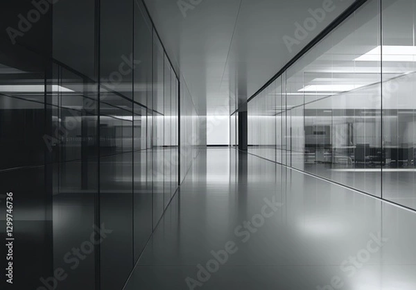 Fototapeta Modern minimalist interior of a spacious office hallway featuring sleek glass walls and reflective surfaces illustrating contemporary design aesthetics