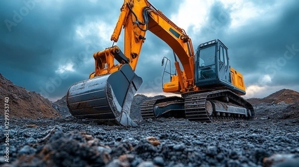 Obraz Powerful excavator on construction site, digging, cloudy sky.