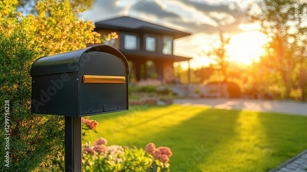 Fototapeta A mailbox with a glossy black finish, reflecting the warm glow of the sun, with a modern house in the distance.