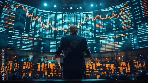 Fototapeta investor standing in front of big screen stock market with up and down volatile