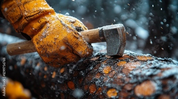 Obraz Close-up of gloved hand using hatchet to split snowy log.