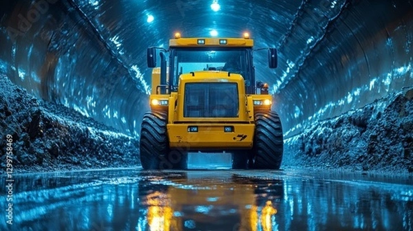 Obraz Yellow heavy machinery driving through a wet, dimly lit tunnel.