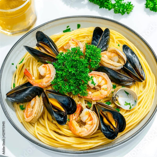 Fototapeta Flat-lay seafood spaghetti with shrimp, and mussel on a white background.  Generative AI.