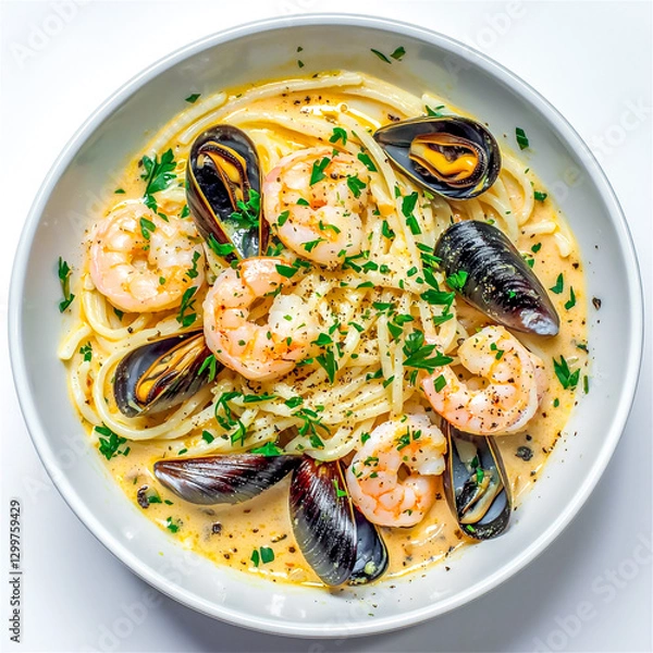 Fototapeta Flat-lay seafood spaghetti with shrimp, and mussel on a white background.  Generative AI.
