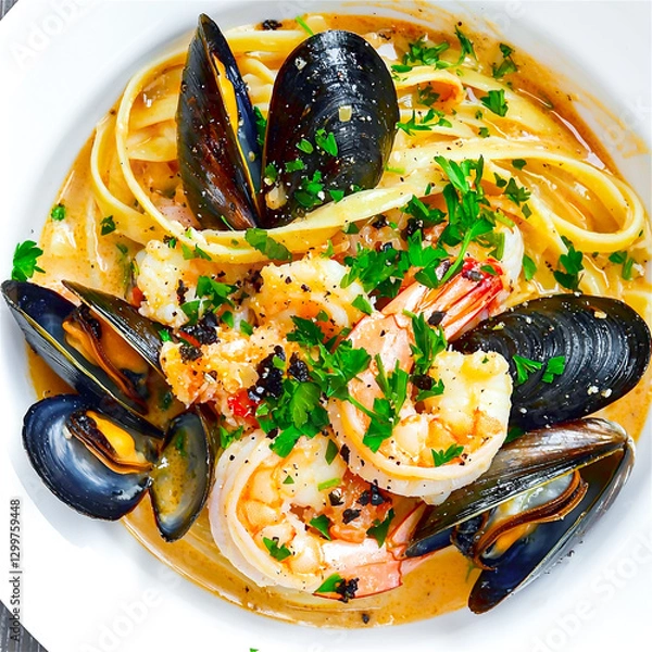 Fototapeta Flat-lay seafood spaghetti with shrimp, and mussel on a white background.  Generative AI.