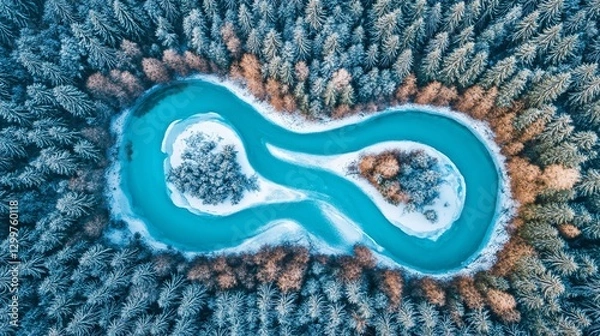 Obraz Aerial view of winter river, infinity shape, snowy forest