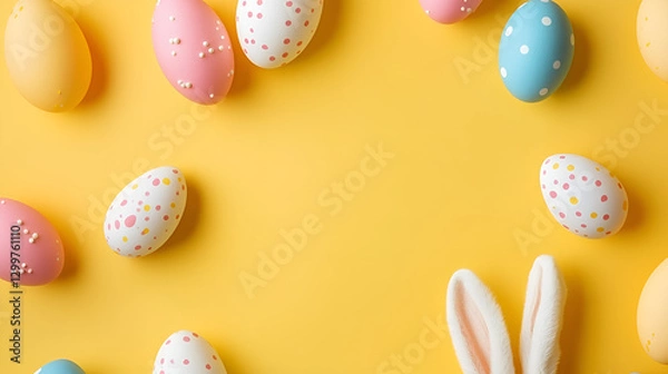 Fototapeta Easter party concept pastel yellow background with copy space in the middle.