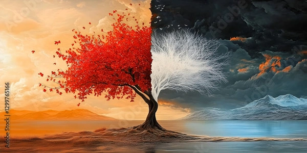 Fototapeta A Tree of Duality Fiery Autumn Meets Frozen Winter