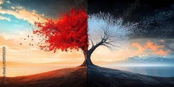 Fototapeta A Breathtaking Division of Warmth and Cold in One Tree
