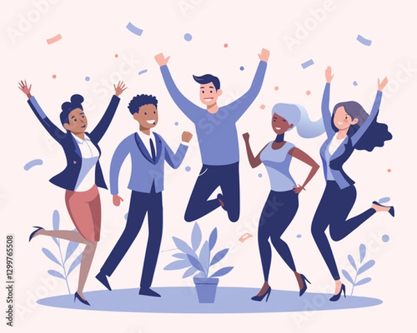 Fototapeta Business Team Success with Diverse Team Jumping for Joy and Festive Tinsel – Vector Illustration