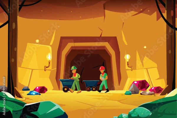 Fototapeta Cartoon illustration of a vibrant underground mine teeming with glittering gems and robust mining equipment.  Focus on whimsical details.