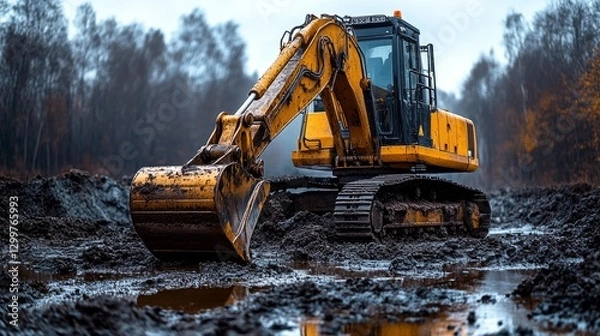 Obraz Yellow excavator digging in muddy construction site.