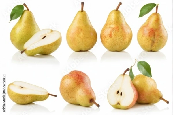 Fototapeta Pears in a row on white background showcasing variety in size, shape, and color, with one cut in half.