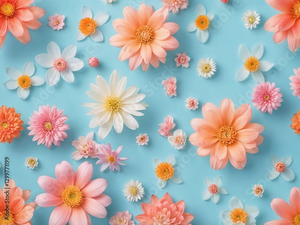 Fototapeta Abstract glow soft Flowers composition. Pattern made of colorful flowers on pastel blue illustration background