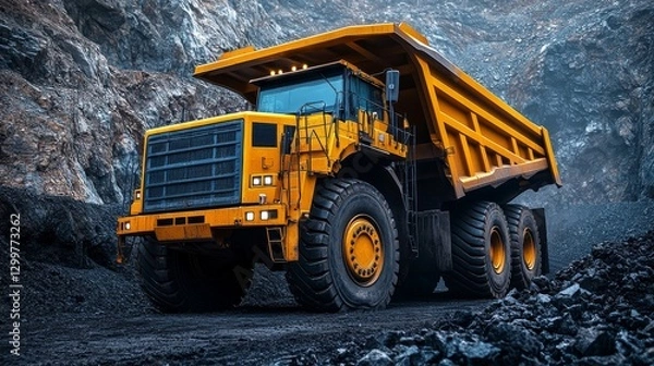 Obraz Large yellow mining dump truck hauling coal in a quarry.