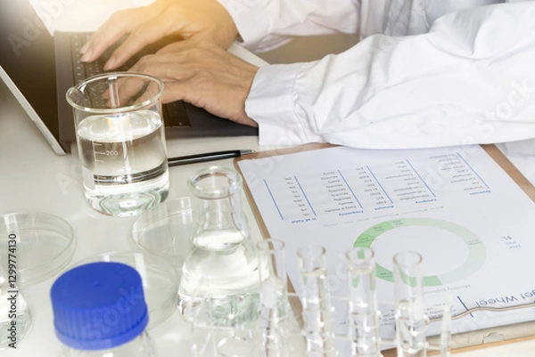 Fototapeta Researchers study data and experiment with chemicals, scientific process, record results and report research.