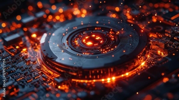 Fototapeta Glowing circular tech component on circuit board.