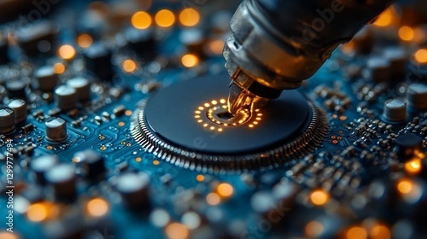 Obraz Close-up of precision robotic arm soldering a microchip onto a circuit board.