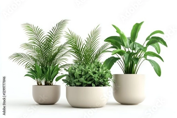 Fototapeta A clean and simple 3D illustration of lush green houseplants in decorative pots, isolated on a white background, showcasing modern indoor gardening.
